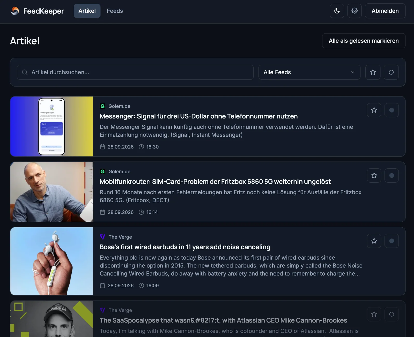 FeedKeeper im Desktop-Browser mit Artikelliste im Dunkelmodus
